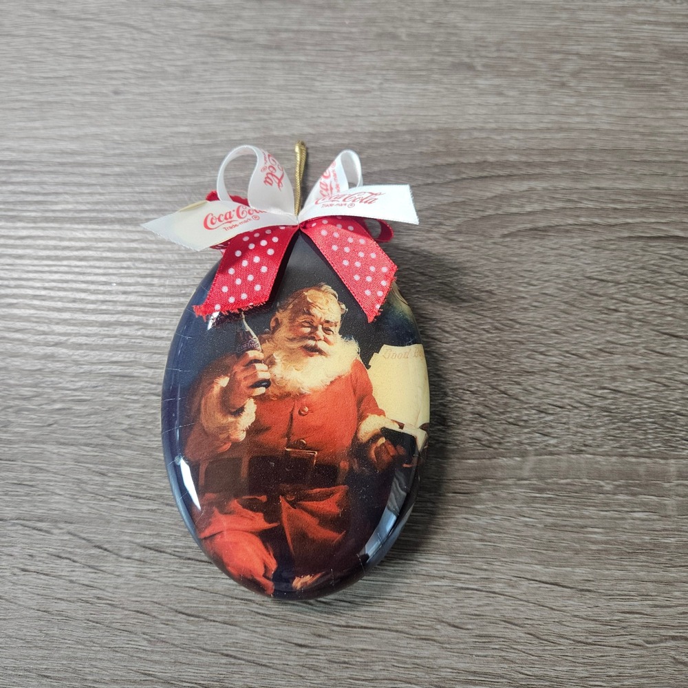 Coca-Cola Santa Claus Christmas Ornament Oval Haddon Sundblom Red Bow 4 Inch